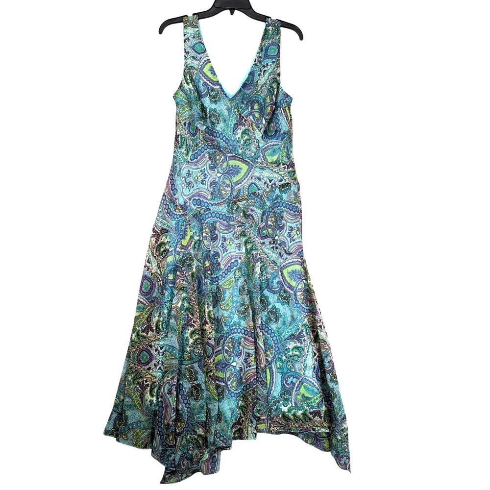 Evan-Picone Sz 14 Sheer Overlay Paisley Fairy Sleeveless Maxi Dress Asymmetrical